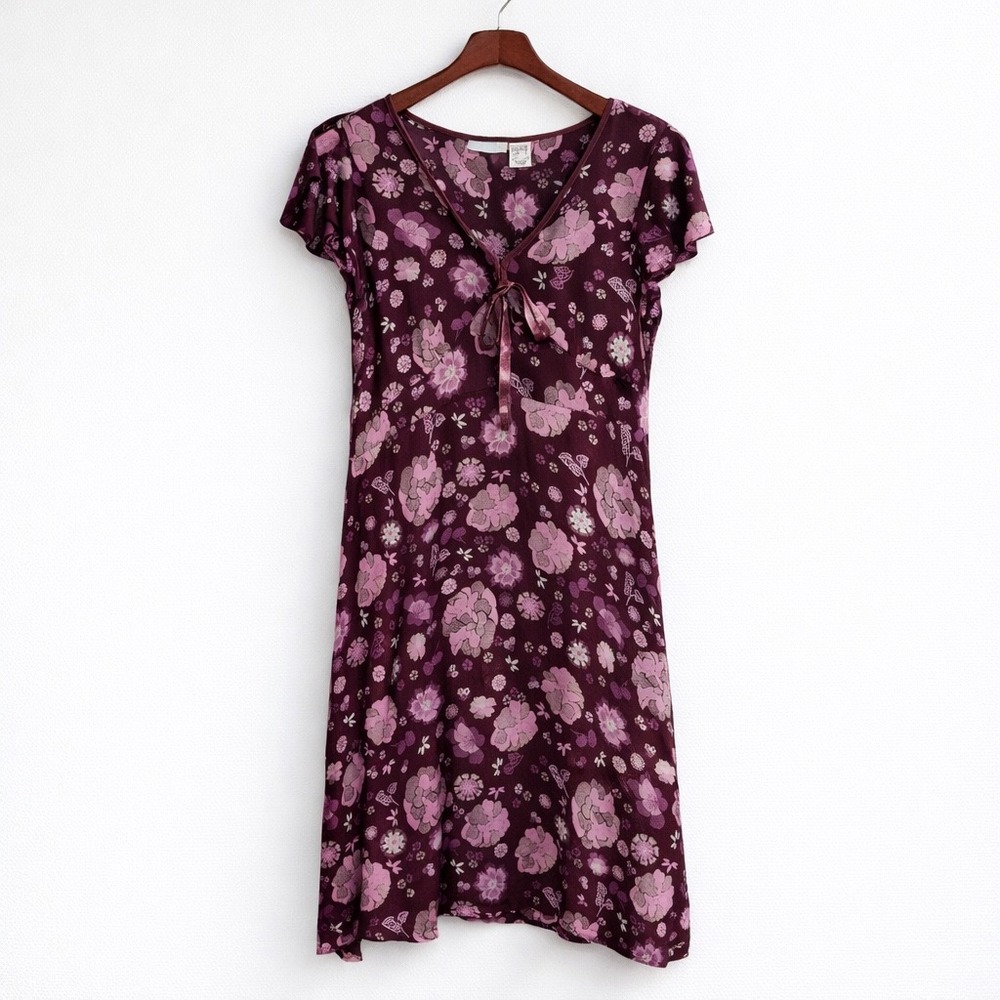La Redoute Burgundy Pink‎ Floral Viscose Dress Size 16 Boho Midi Tiered France
